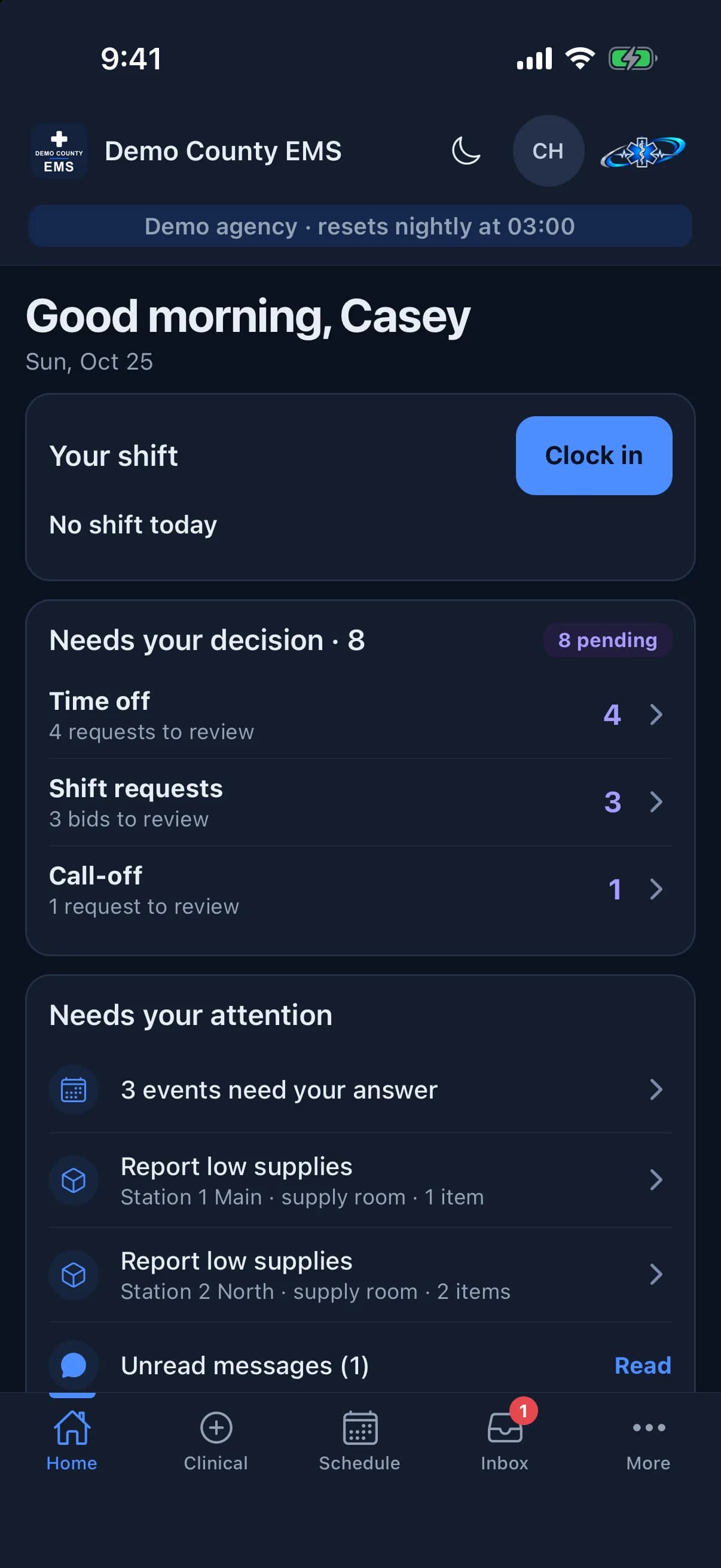 Crew app Home: shift, decisions waiting and items needing attention, Demo County EMS.