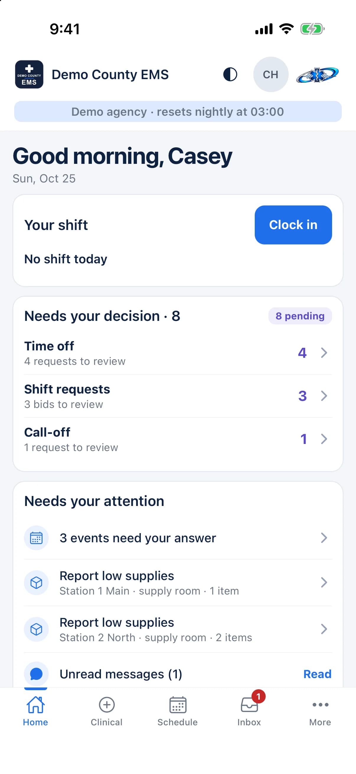 Crew app Home: shift, decisions waiting and items needing attention, Demo County EMS.